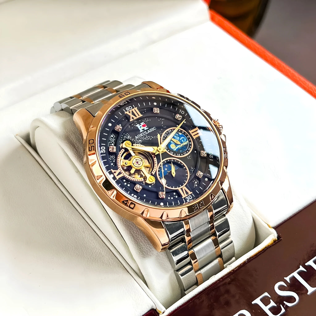 Automatic mechanical men's watch with rose gold shell and black dial surface