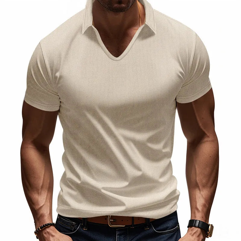 Men's V-neck short sleeve cotton blend top in loose fit with solid colour options