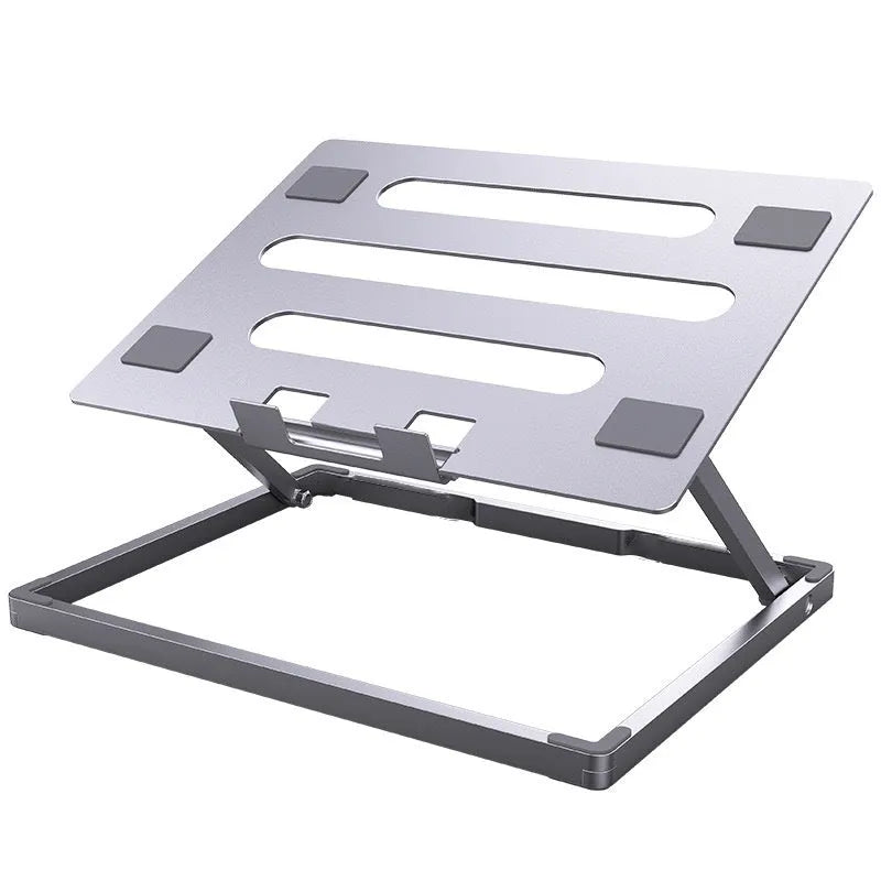 Aluminium alloy foldable laptop cooling stand showing dimensions and riser mechanism