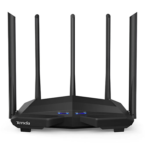 Black AC11 wireless router with four gigabit ports for high-speed broadband.