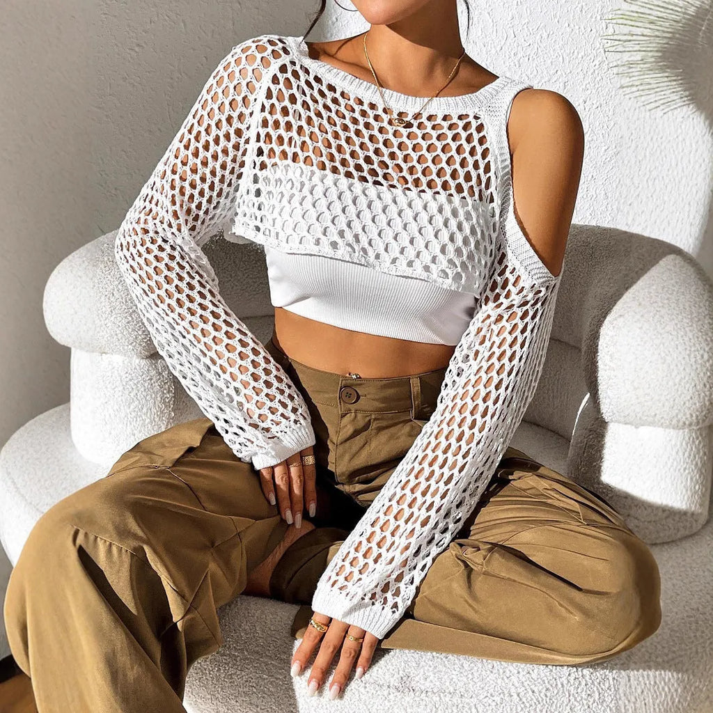 Mesh shirt with a hollowed navel design in a choice of colours including army green, black, and white.
