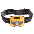 Black LED head torch with adjustable strap, showing white and red LEDs, for outdoor activities.