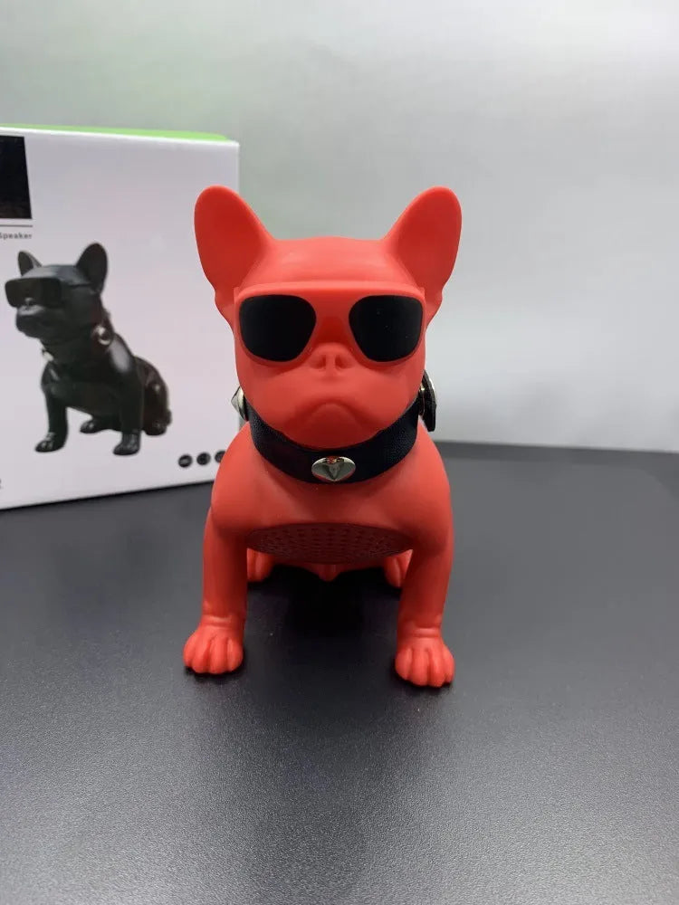 Mini bulldog-shaped Bluetooth speaker in black, red or white colours with wireless audio functionality