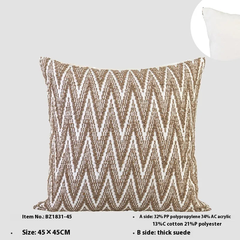 Chinese style square pillow cushion in Maillard colour on a sofa