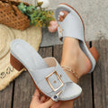 Women's retro chunky heel slippers with metal buckle detail in black or light blue, round head PU upper and rubber sole.
