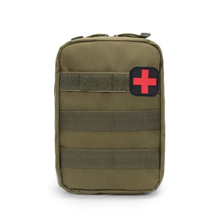 Army green nylon tactical medical pouch with Velcro panel attached to a vest.