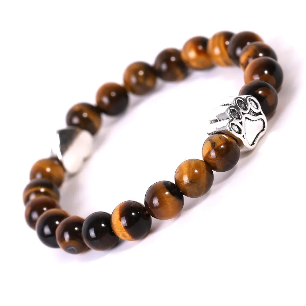 Tigereye and Indian agate stone bead bracelet with a central dog's paw or love heart charm.