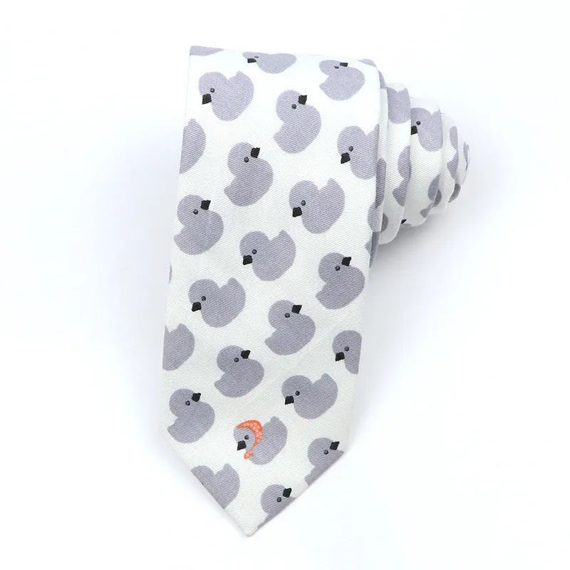 Korean style narrow men's cotton bow tie with a printed cartoon pattern in a selected colour.