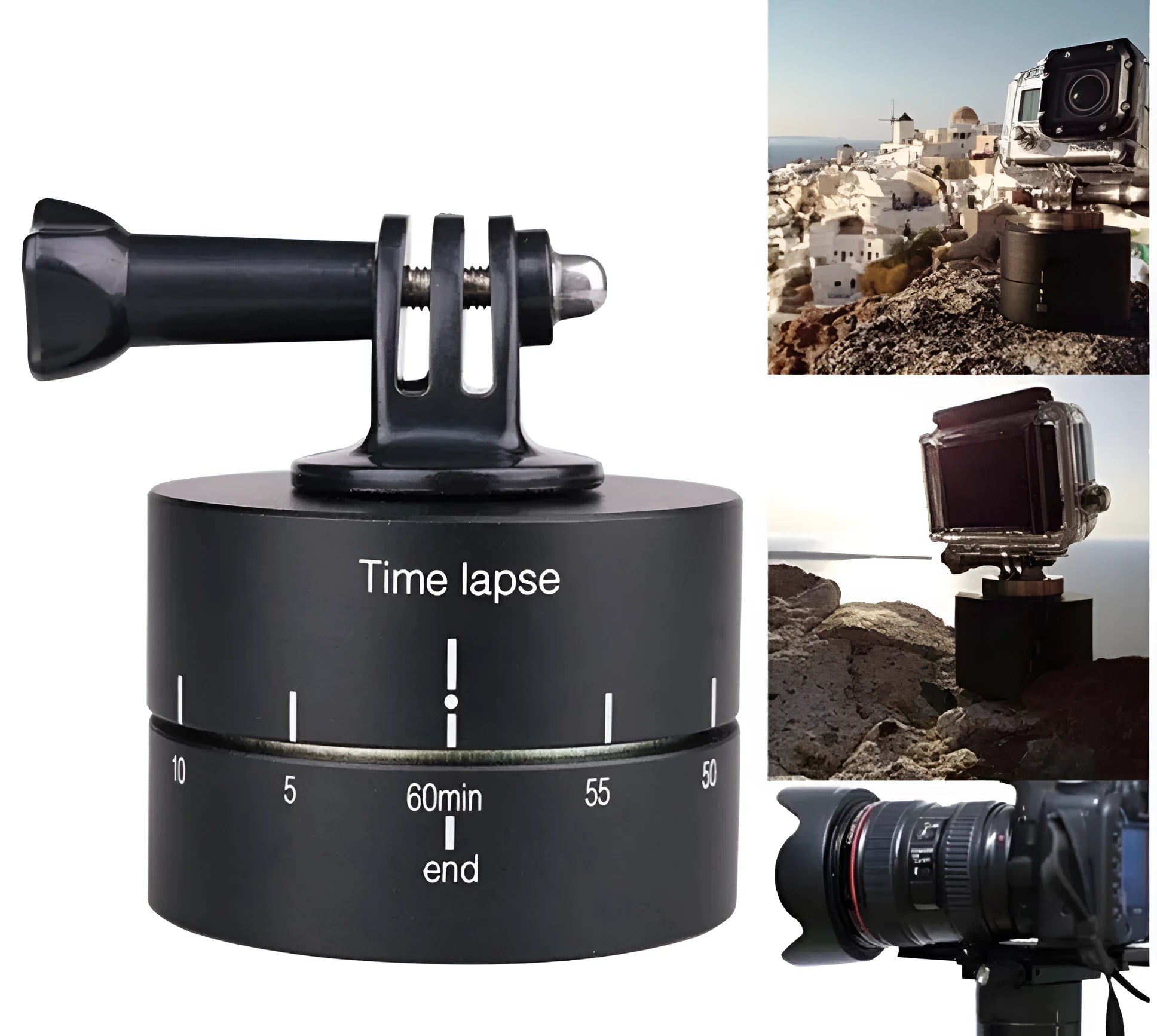 Auto rotating camera tripod head for Lapse compatible 360-degree timelapse photography with GoPro, SLR, and iPhone support
