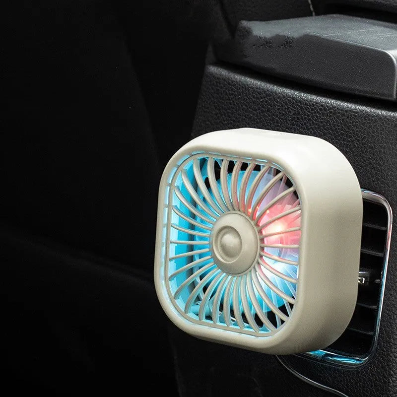 Black USB car fan with three speed buttons and compact design for vehicle use