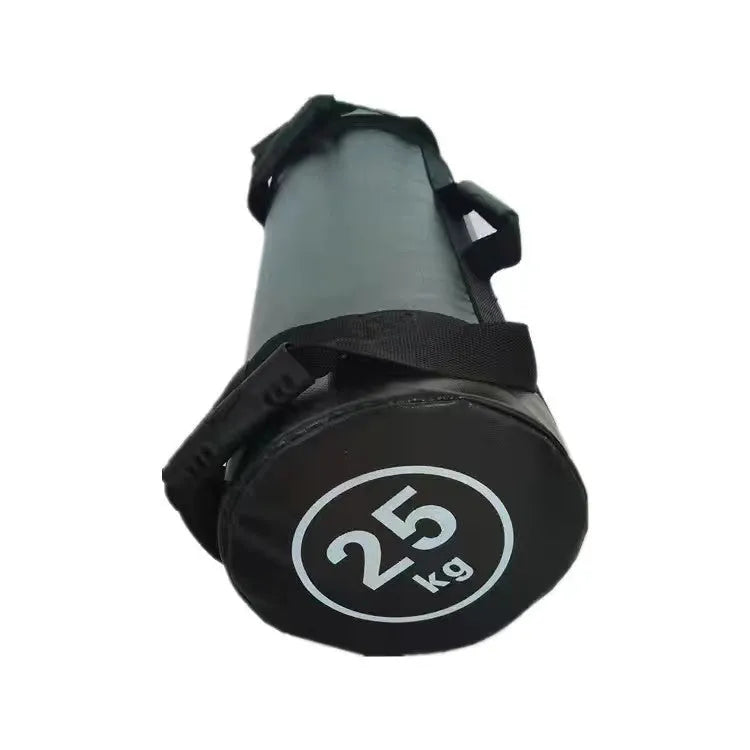 Flat white PVC fitness training sandbag for weight lifting and conditioning exercises.