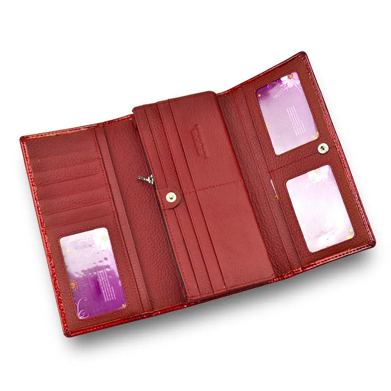 Genuine leather coin purse with patent finish and crocodile pattern in wine red colour