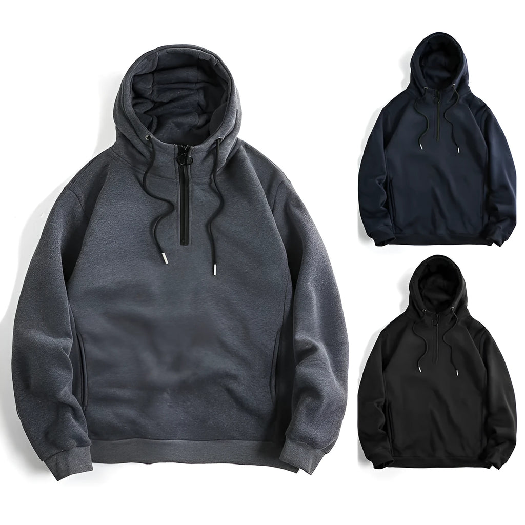 Men's Loose Casual Solid Color Hoodie in Polyester Fibre, Slim Fit Pullover Sweatshirt Available in Black, Dark Gray, Navy Blue, Sizes S M L XL 2XL, Large Size Suitable for Big Builds, Asian Sizing Note Provided