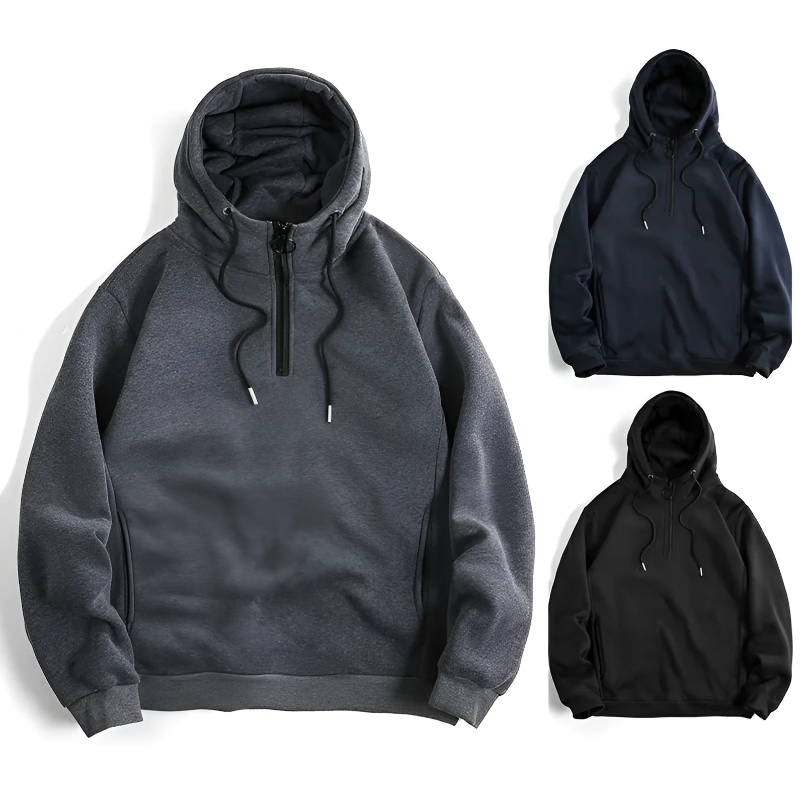 Men's Loose Casual Solid Color Hoodie in Polyester Fibre, Slim Fit Pullover Sweatshirt Available in Black, Dark Gray, Navy Blue, Sizes S M L XL 2XL, Large Size Suitable for Big Builds, Asian Sizing Note Provided