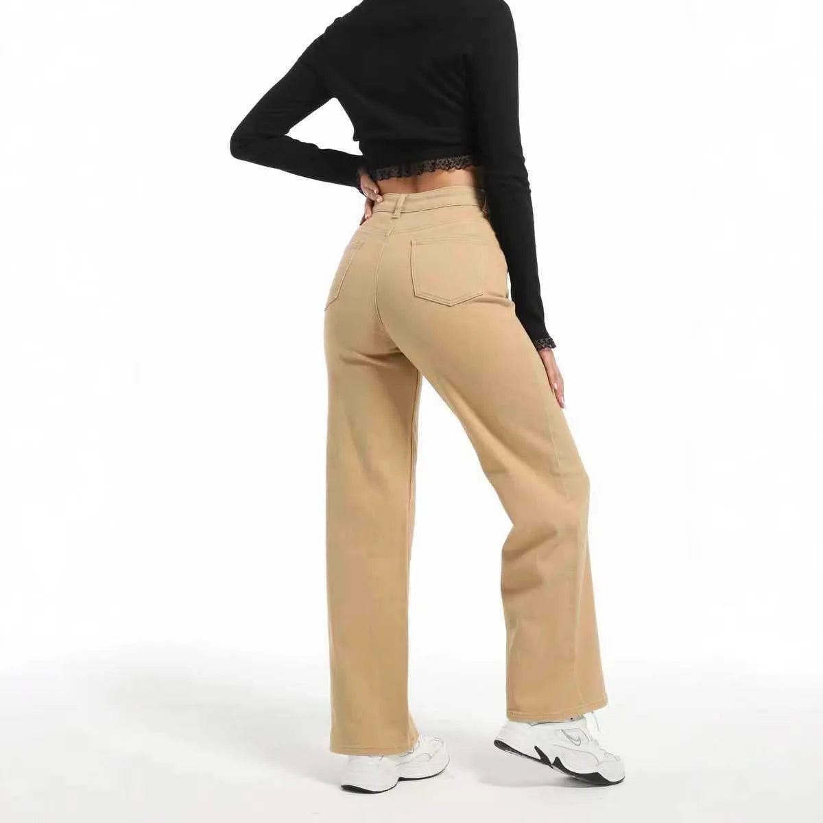 Women's high waist straight leg jeans in apricot and khaki colours