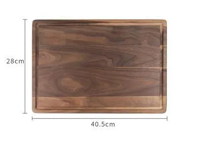 Black walnut wood cutting board with juice groove and side handle shown in three size options