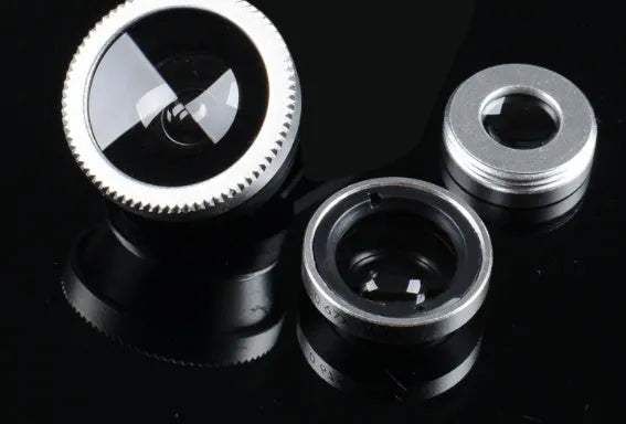 Three-in-one smartphone camera lens kit showing fisheye, wide-angle, and macro attachments in multiple colour options