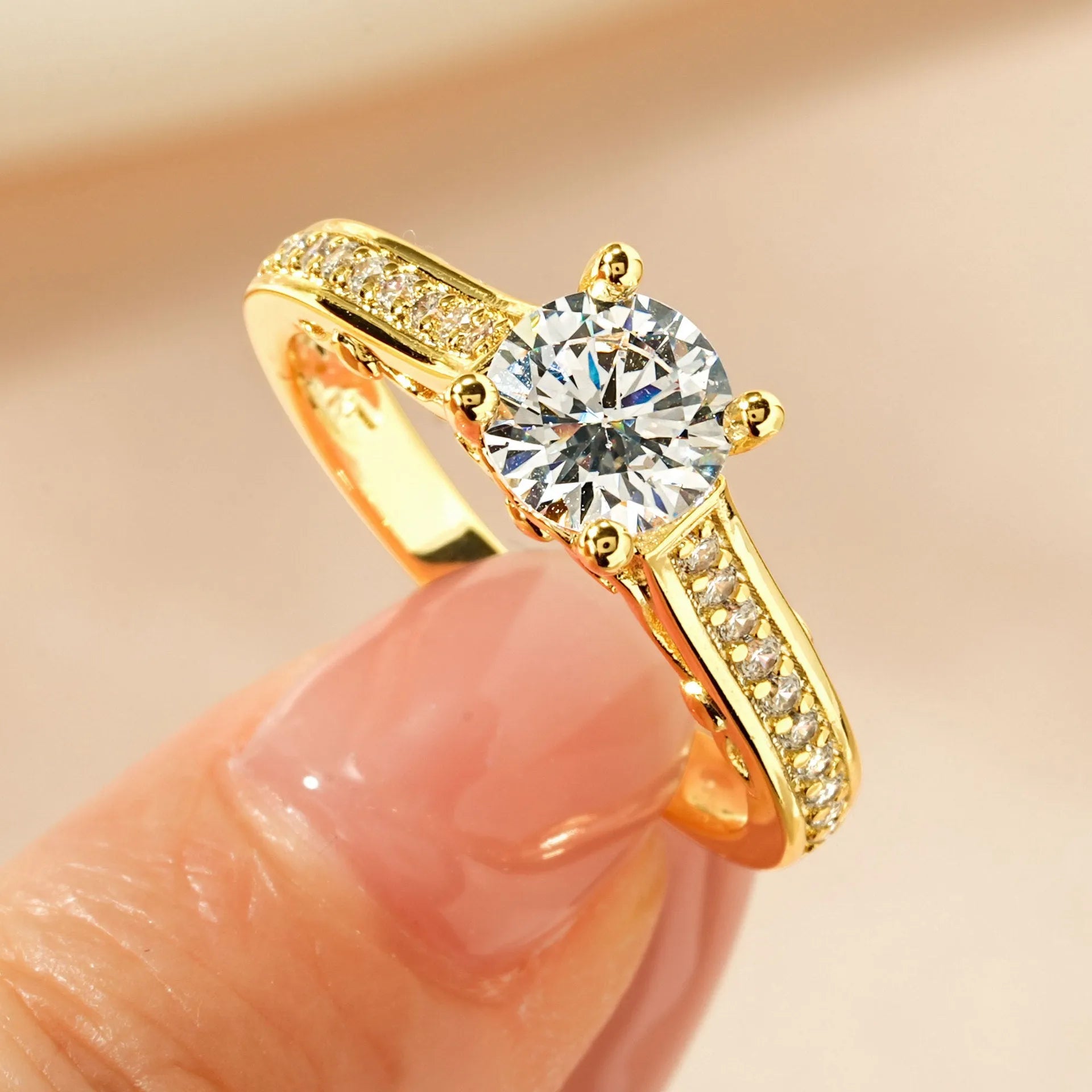 Women's geometric zircon ring in copper with electroplated finish, available in heart, split-arm, and star designs