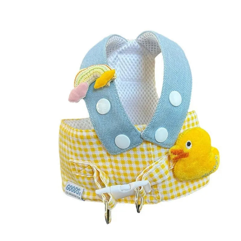 Pet wire rope pulling set showing harness, leash, and three-piece cat clothes outfit with cute hat