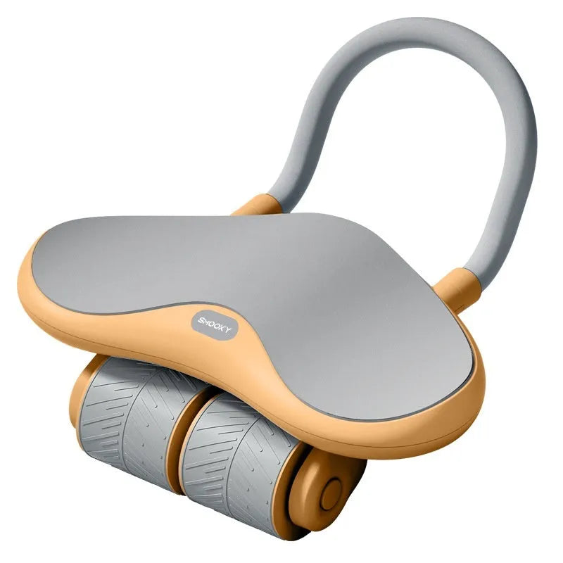 Three-wheel abdominal exercise wheel with automatic rebound mechanism and kneel pad in black and orange colours