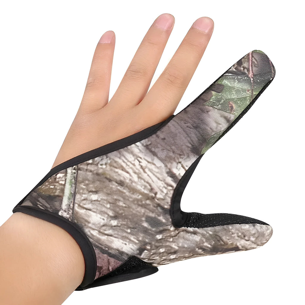 A single two-finger fishing glove with a dark microfiber palm and a camouflage diving cloth back.