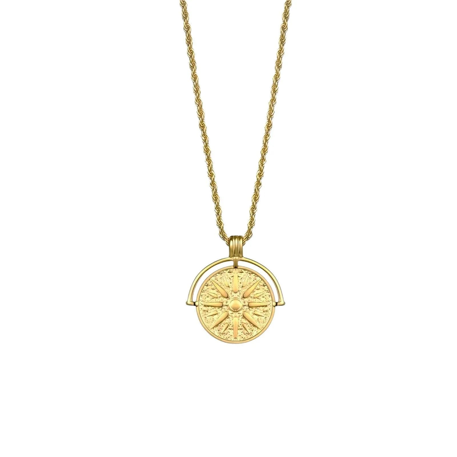 Gold titanium steel sunflower pendant necklace with geometric star embossing on adjustable hemp chain.