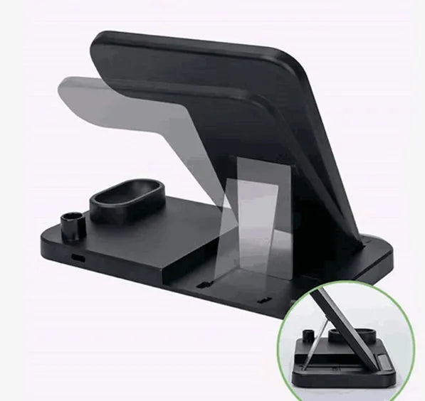 4-in-1 wireless charging station with adjustable phone stand charging multiple devices