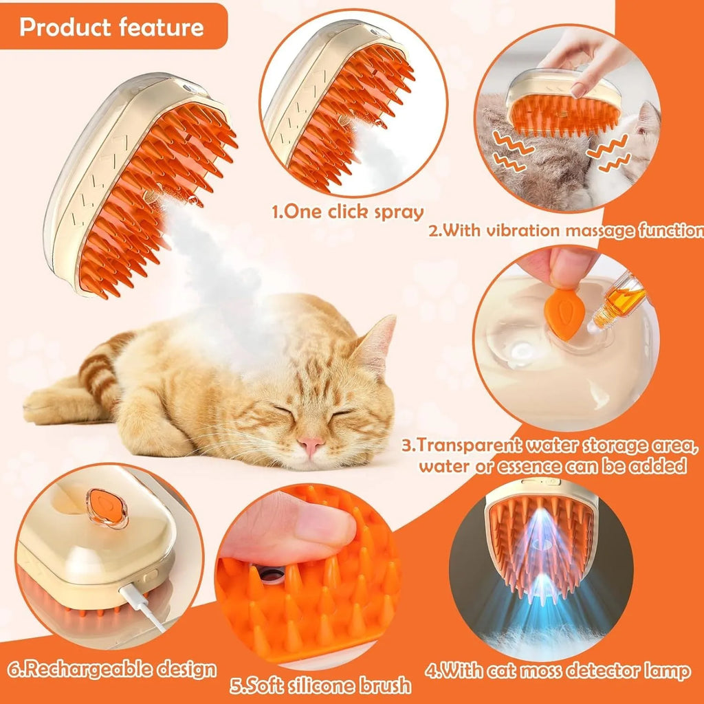 Yellow 4-in-1 cat steam brush with ringworm detector, vibration massage and USB charging