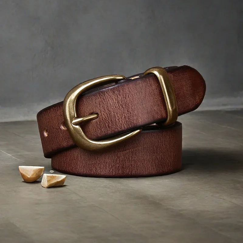 Men's casual cowhide leather belt with a copper buckle in black, brown or khaki.