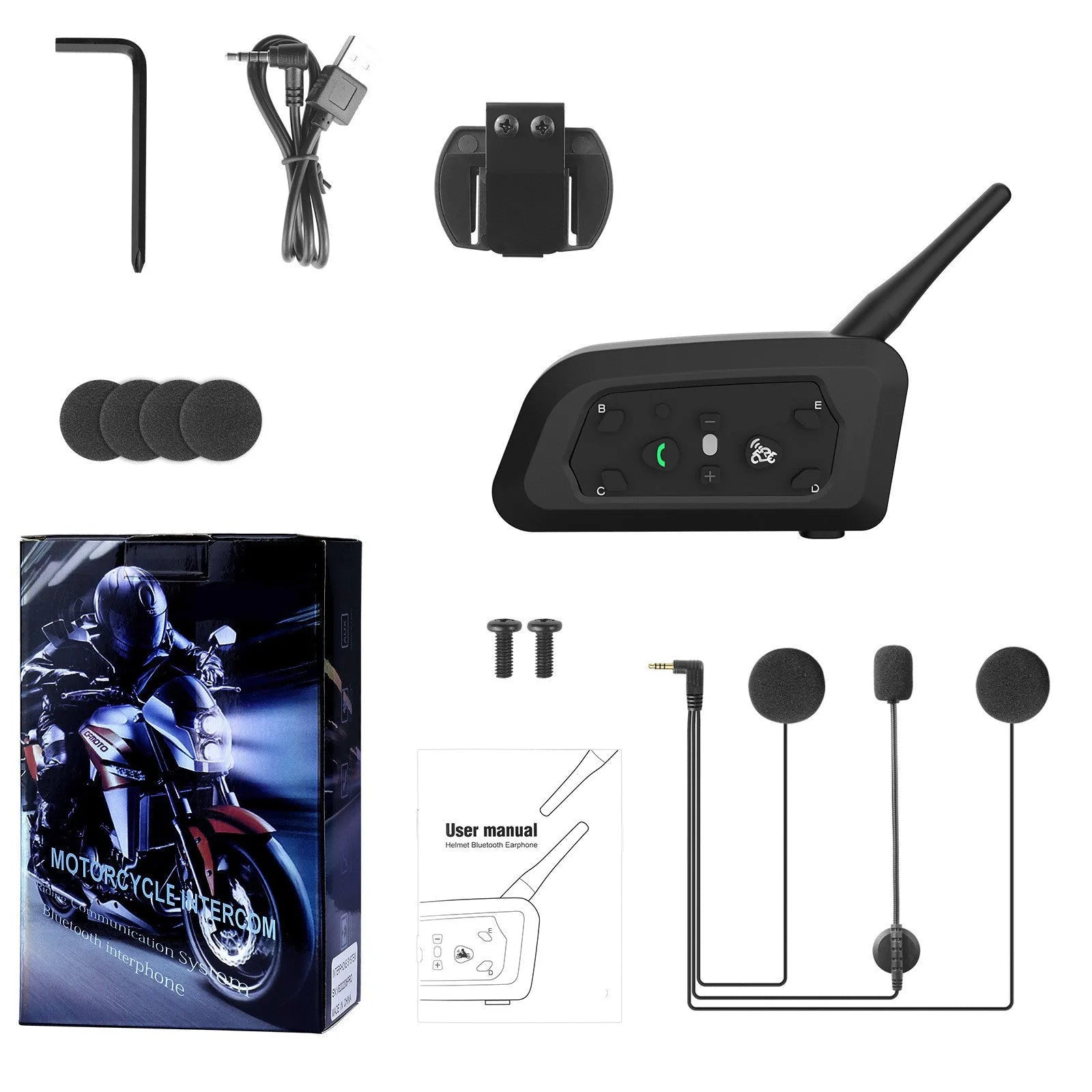 Motorcycle helmet Bluetooth intercom unit with headphones and mounting hardware
