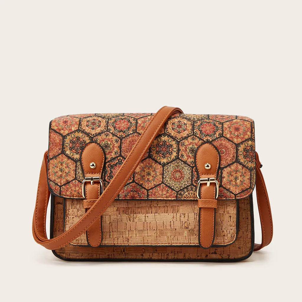 Women's printed one-shoulder crossbody bag in PU leather showing colour options: pansy, square print, grass flower, green.