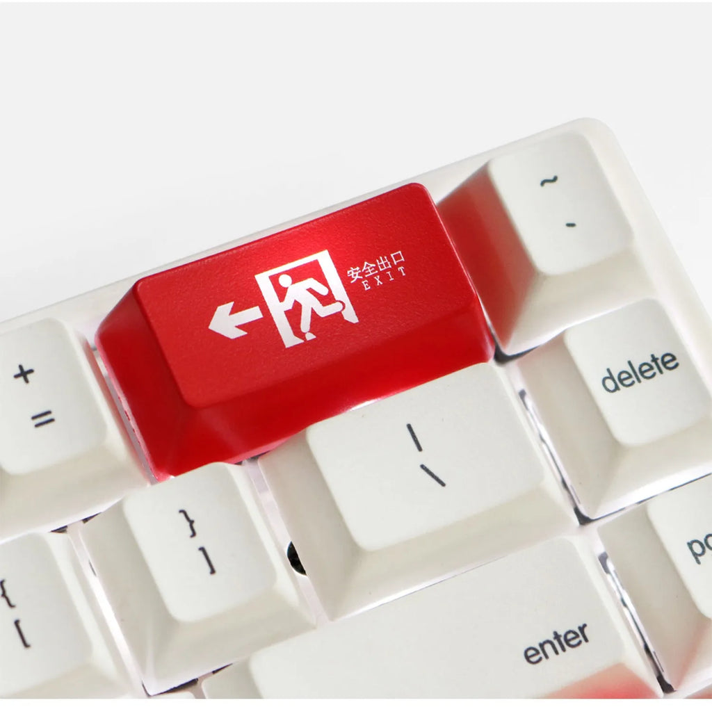 Safety evacuation exit key cap for mechanical keyboards in red and black colour options