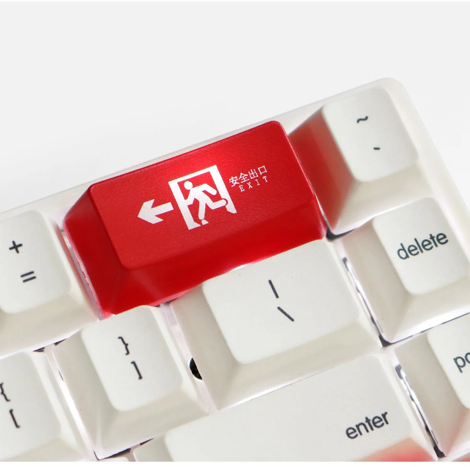 Safety evacuation exit key cap for mechanical keyboards in red and black colour options