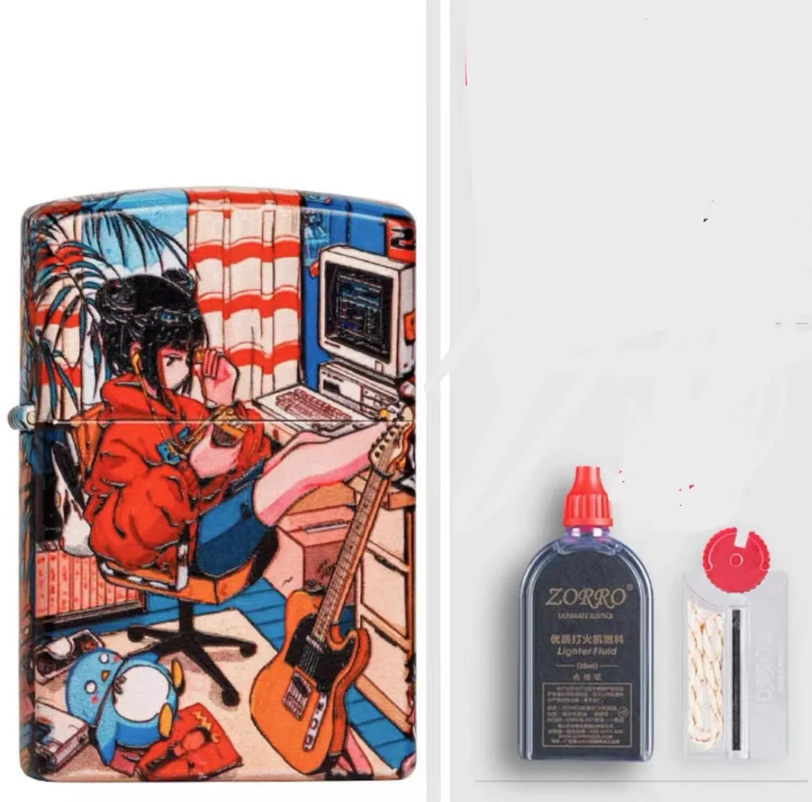 Windproof kerosene lighter with decorative copper case showing artistic design