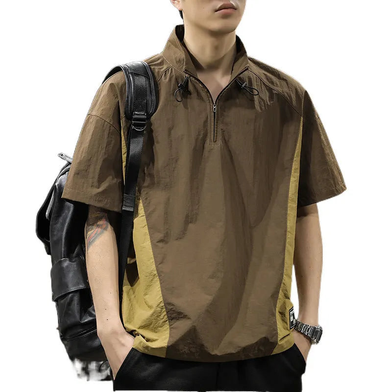 Men's brown half-zip stand collar business casual shirt with short sleeves and Ice Silk fabric texture