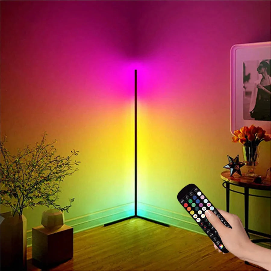 Black bedroom floor lamp with RGB lighting and smart remote control on aluminium stand