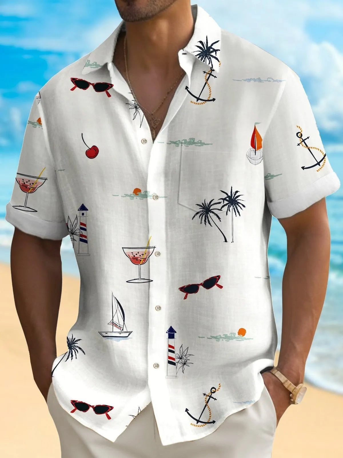 Man wearing a loose fit, short sleeve Hawaiian shirt with a colourful digital print pattern.