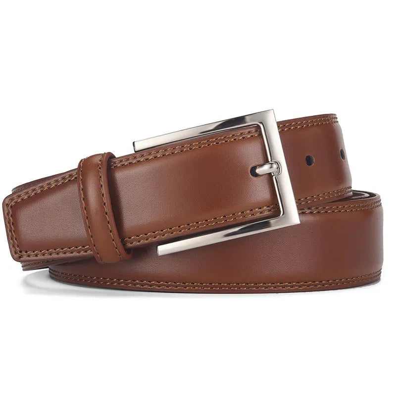 Men's black leather belt with silver alloy pin buckle showing two-layer cowhide construction