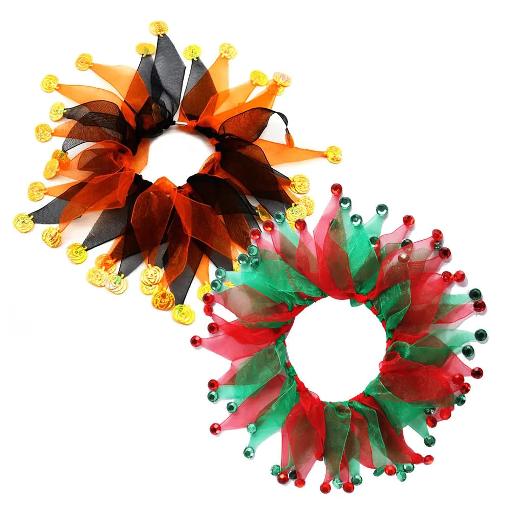Tie-dye cloth dog collar in free size showing blue, green, Christmas, and Halloween colour options