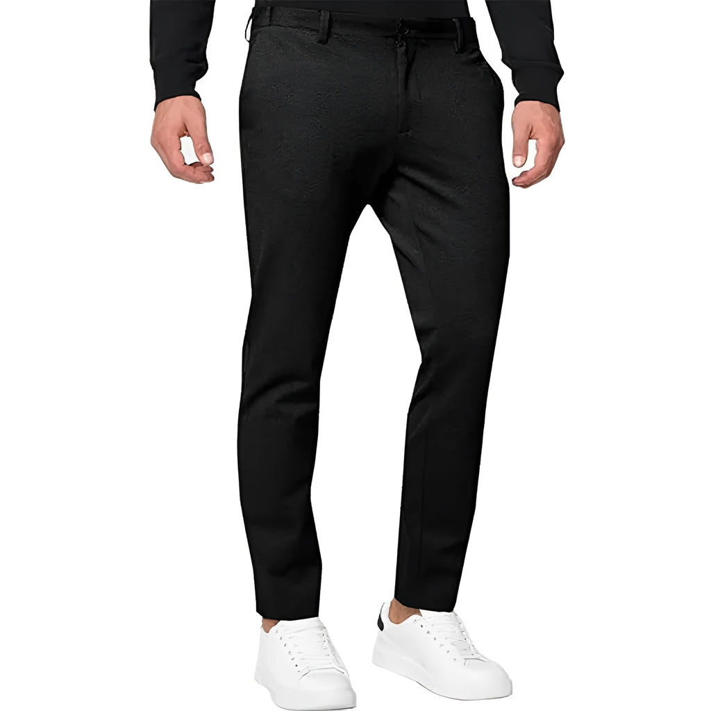 Men's slim-fit tapered chino trousers in solid colours with mid-waist and zipper fly