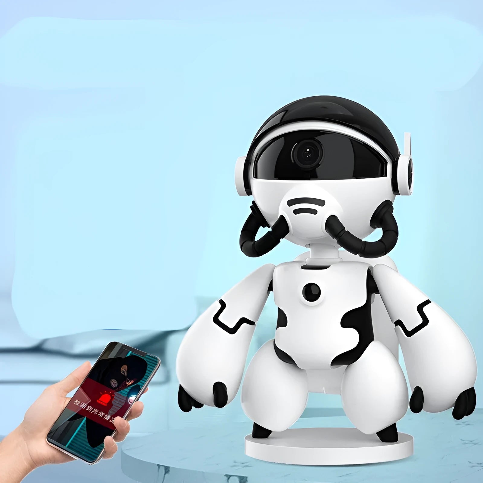 White battery-powered household security camera on a detachable base with anti-slip pads