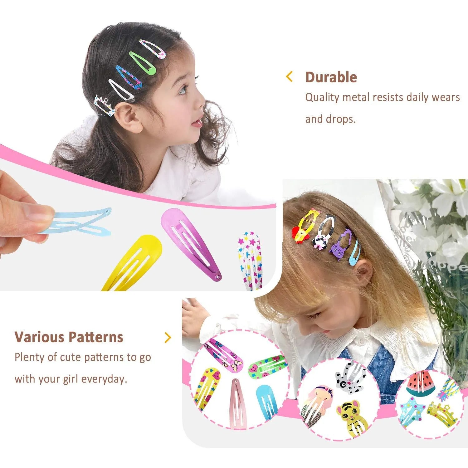Assortment of 100 candy-coloured metal snap hair clips showing drops, animals, crowns, stars, and fruit shapes.