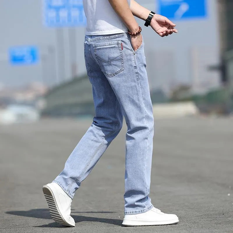 Men's smoky gray low waist straight leg jeans with rabbit fur fabric and high elasticity