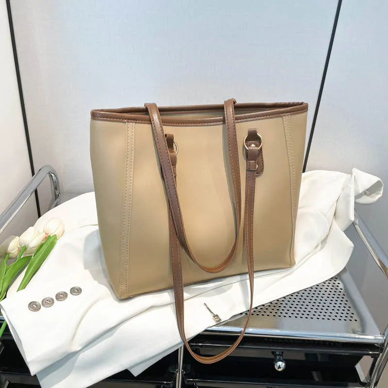 Women's contrast colour PU tote bag with horizontal square shape and large capacity in black, white, khaki, or brown