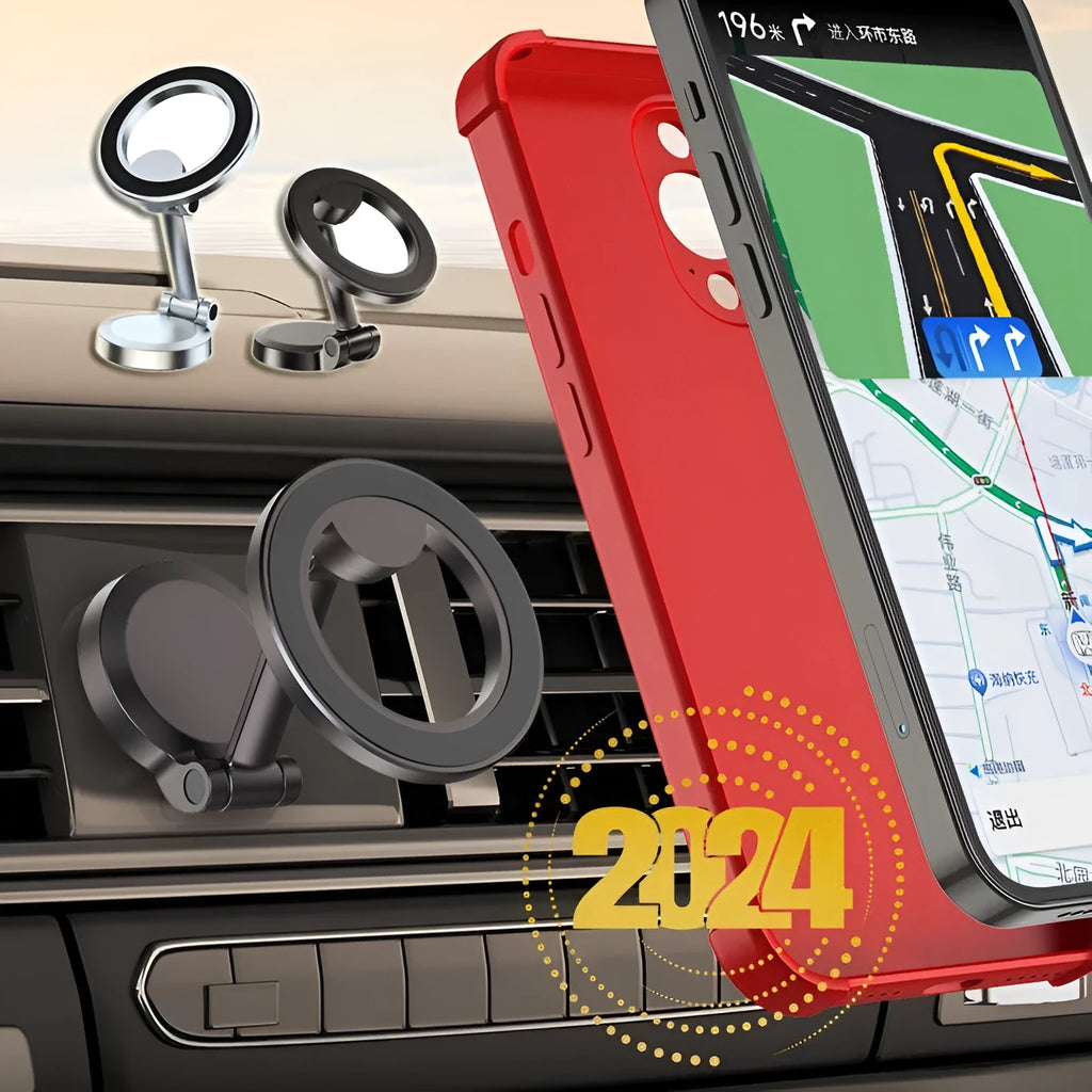 All-metal magnetic car phone mount in qian colour showing foldable dashboard design