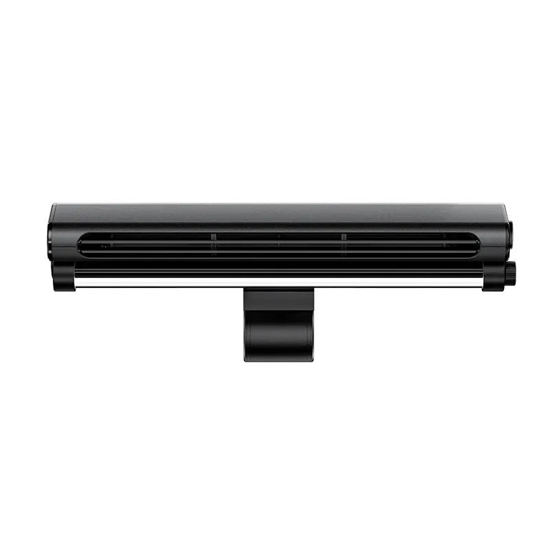 Black bladeless USB fan with clip attachment and integrated lighting lamp for computer screens