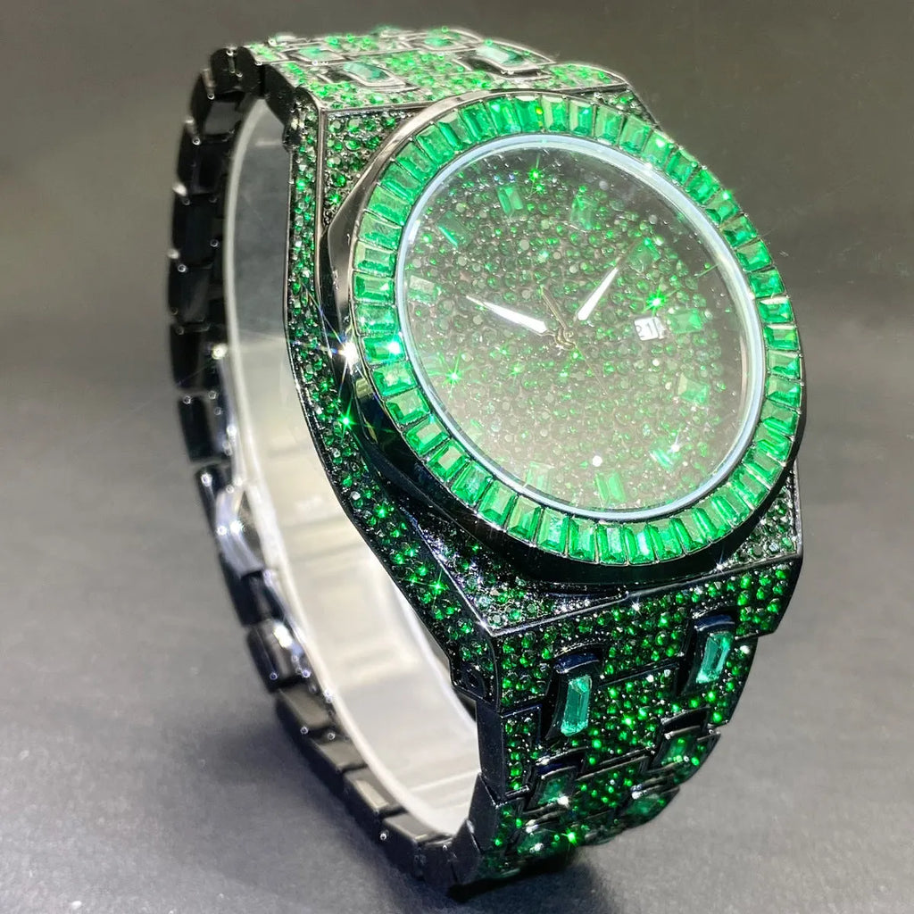 Hip hop men's green full rhinestone quartz watch with alloy case and 13mm thickness