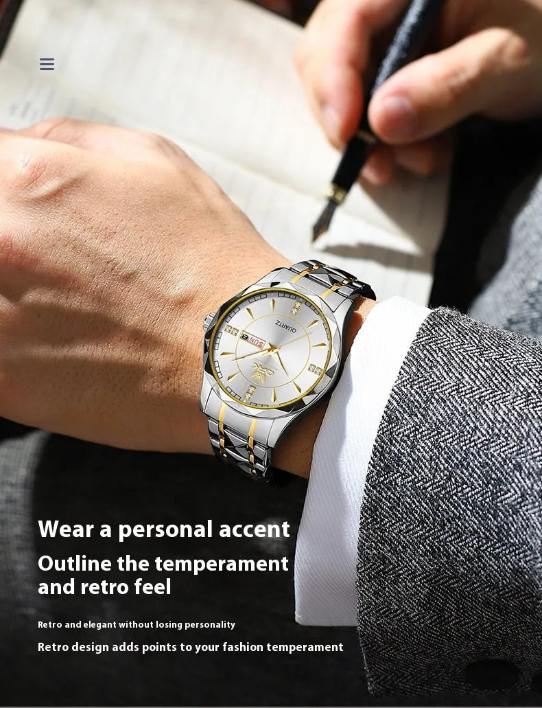 OPK8151 men's quartz watch with round dial, stainless steel strap, and double calendar display