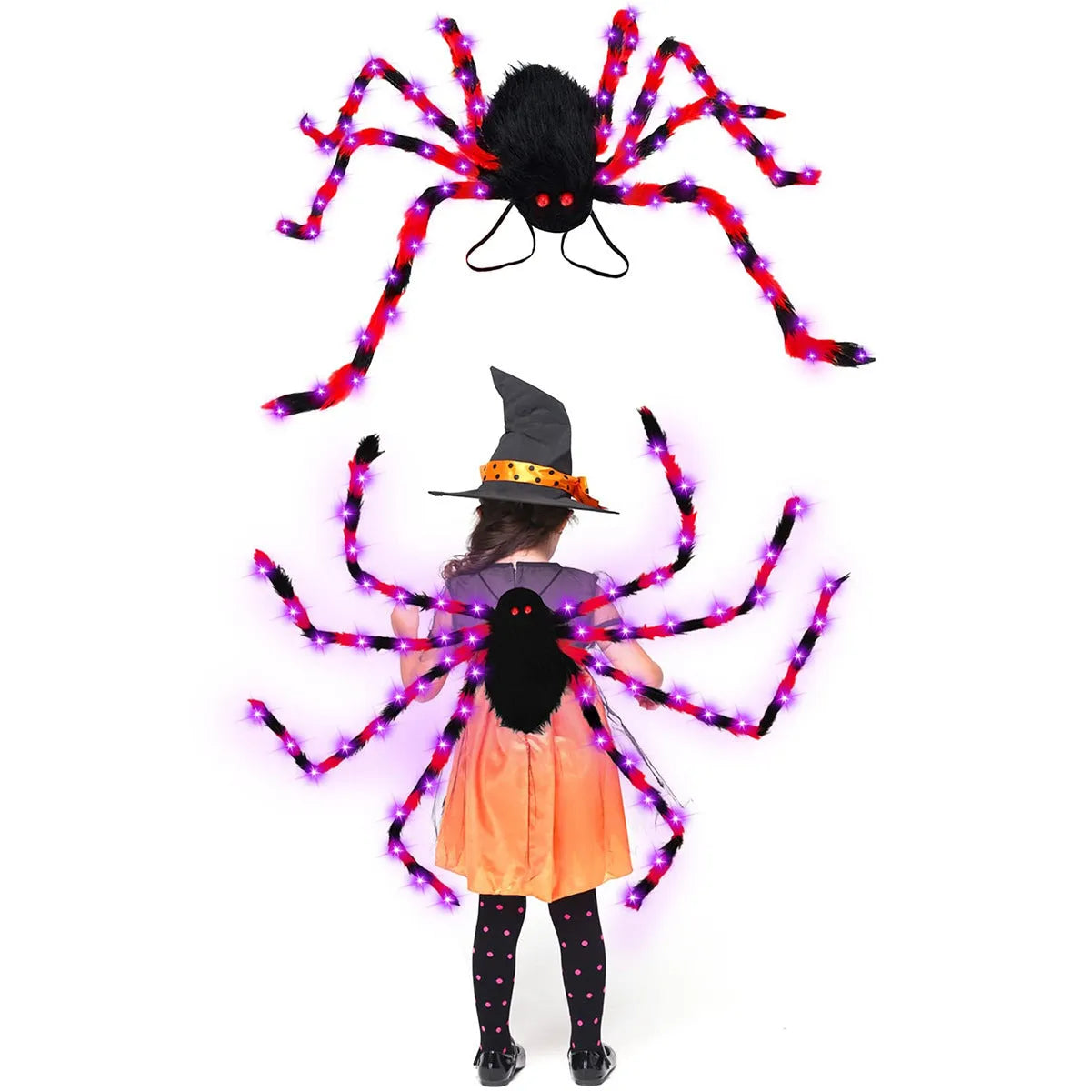 Plush Halloween Spider Backpack with purple LED lights, shown in one of five colour options.