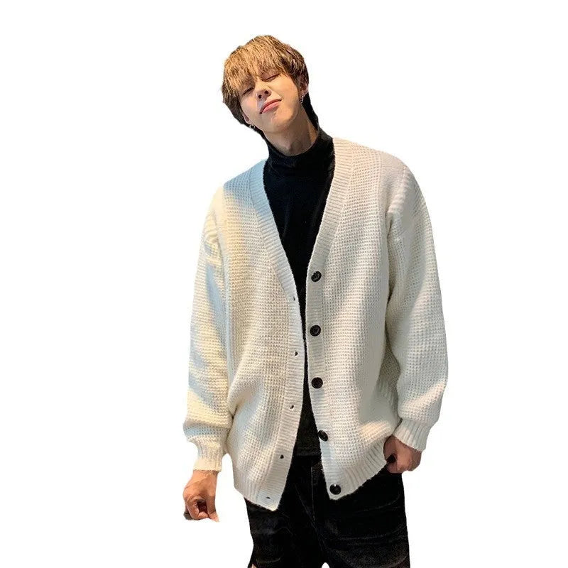 Men's cotton blend V-neck cardigan knitting sweater in loose fit casual style